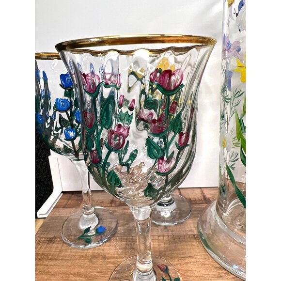 I Godinger & Co. Glass Pitcher & Goblet Set Gold Rims Hand-Painted - Picture 6 of 13